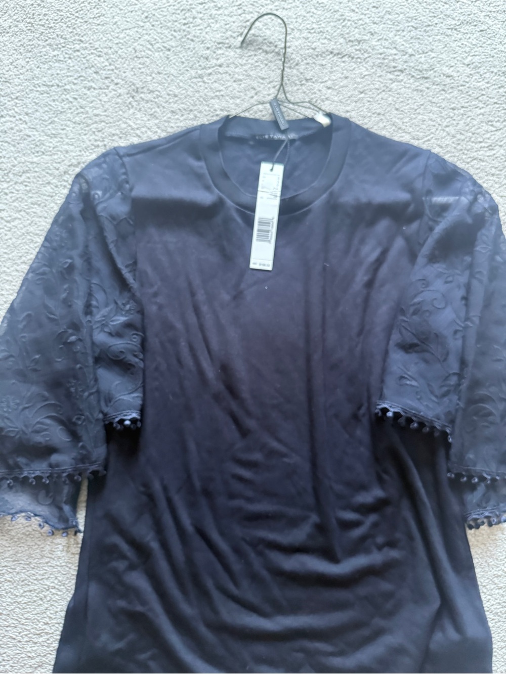 New Elie Tahari Navy Short-Sleeve Tee with Lace Sleeves